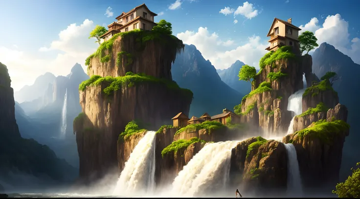 painting of a waterfall in a mountainous area with a house on the top, vertical wallpaper, 4 k vertical wallpaper, 4k vertical wallpaper, 8 k vertical wallpaper, 8k vertical wallpaper, ross tran. scenic background, beautiful mattepainting, 4 k matte painti...