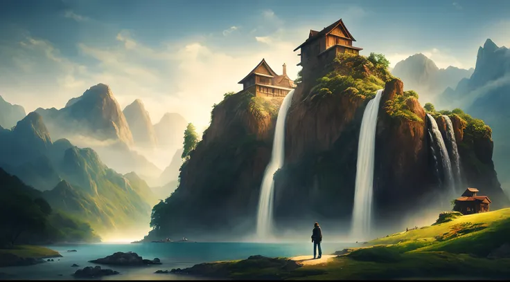 painting of a waterfall in a mountainous area with a house on the top, ross tran. scenic background, beautiful matte painting, atmospheric and foggy, 4 k matte painting, detailed scenery, beautiful iphone wallpaper, avatar landscape, inspired by Alan Lee