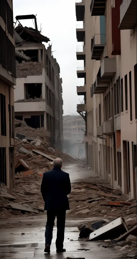 Lonely man from behind in Naples devastated in apocalyptic ruins ultra futuristic atomic bomb in the distance armed with an assault rifle in his right hand prostituting themselves in the street