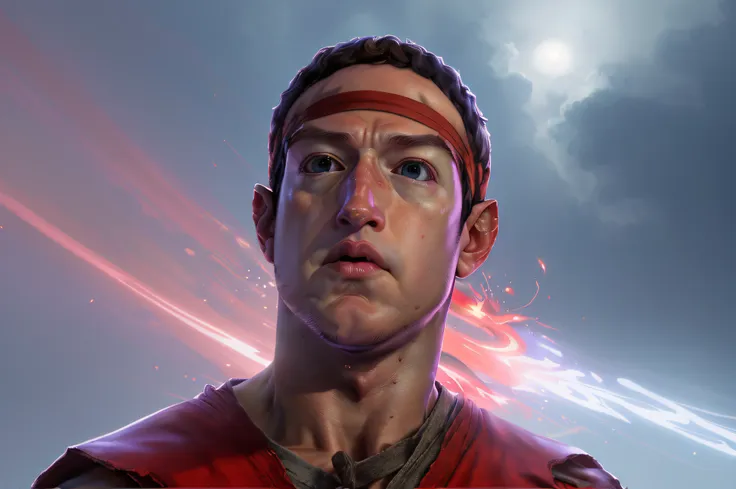 **mark zuckerberg face arte de ryu de street fighter apresenta raiva, um rosto altamente detalhado, headband red, um ambiente ex...