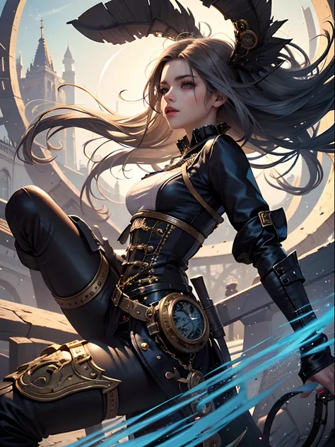 High quality illustration, ultra detalhado, alta qualidade, 4k, obra prima, Vista lateral, dynamic pose, mulher, cabelo longo, branco, steampunk, cidade intrusdrial, forma mais bonita do caos, elegante, um design brutalista, cores vivas,