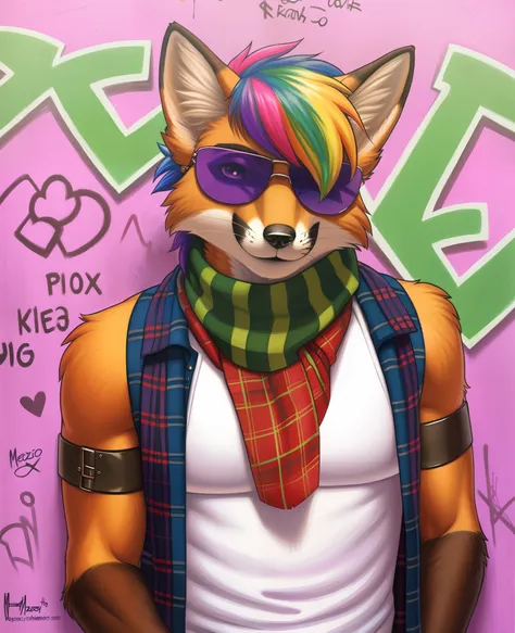 highly detailed portrait, punk fox, sunglasses, tartan scarf, colorful hair, yellow, black, brown, magenta, graffiti tag wall ba...