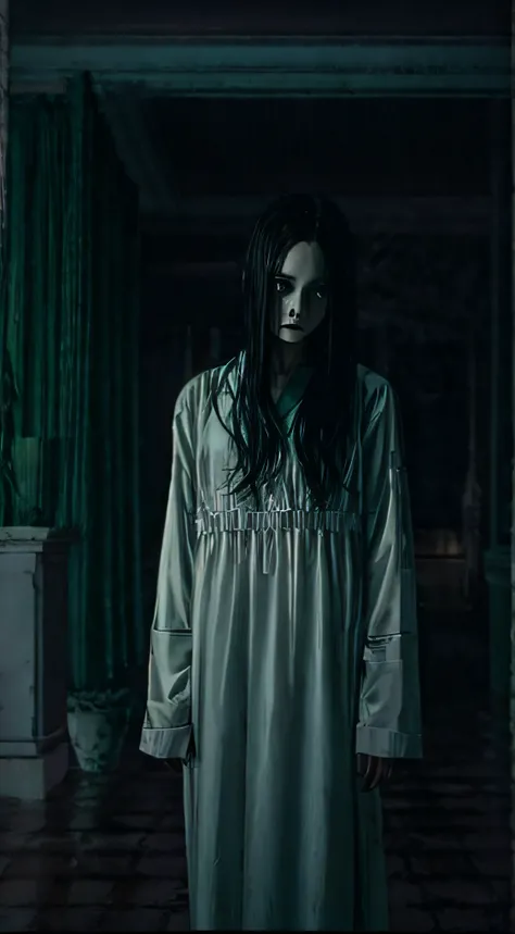 horror film shot of a creepy girl with long straight black hair, no face, wearing a dirty hospital gown,standing alone inside a haunted mansion at night, rule of the thirds, tonal color scheme, pale green, pensive stillness, bokeh, mystery, horror, unholy,...