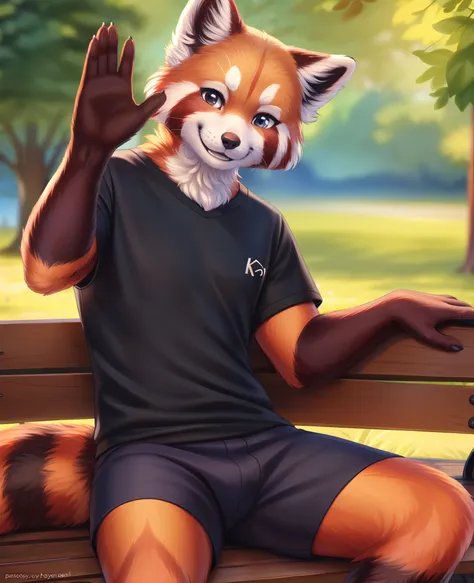 mature male, red panda, loose shorts, black t-shirt, sitting on park bench, waving at viewer, closed smile, soft shading, detail...