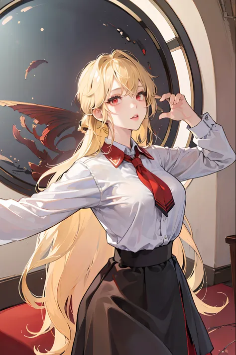 (best quality:1.2), 1girl, (fisheye, on side, confused, blonde hair, very long hair, red eyes, large_breasts, classroom), black scholar uniform,