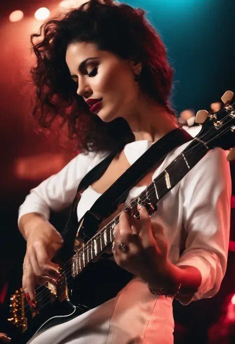 Realista, 4k, Kinematic, una Guitarrista mujer bella y sexy con manos bien definidas, ropa negra sexy, An exceptional electric guitar well done, en la imagen de fondo un concierto de rock (caos), Obra maestra