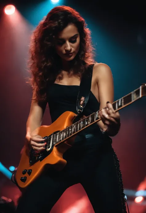 Realista, 4k, Kinematic, una Guitarrista mujer bella y sexy con manos bien definidas, ropa negra sexy, An exceptional electric guitar well done, en la imagen de fondo un concierto de rock (caos), Obra maestra