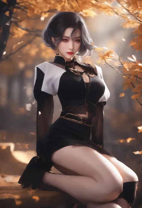 Hu Tao from Genshin Impact, Black crop top long sleeve shirt, small Breasts, Black Pencil Skirt, Black Thigh High Stockings, and Black High Heels