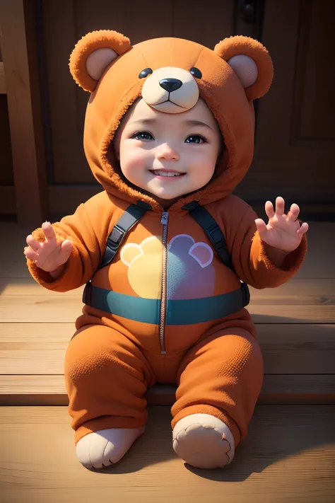 create a toddler character wearing bear costume, sitting down, full body, front facing, high definition, 8k , engine 5, vibrant colors, ultra high detail, smiling, waving, with five fingers, realistic, fix hand