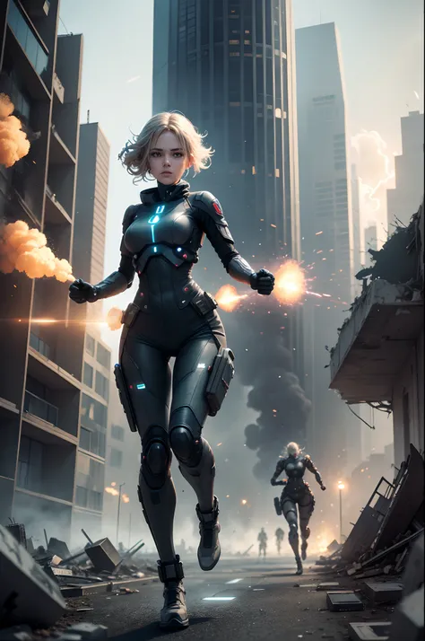 Very detailed women cyber soldier running at the foot of futuristic building in ruins with explosions in the background