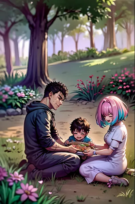 (a happy family in a picnic garden),(riamu as a motherly figure),(riamu and her husband spending quality time),(a couple enjoying the outdoors),(riamus children playing and having fun),(guts as a loving and caring father),(a loving husband and wife),(riamu...