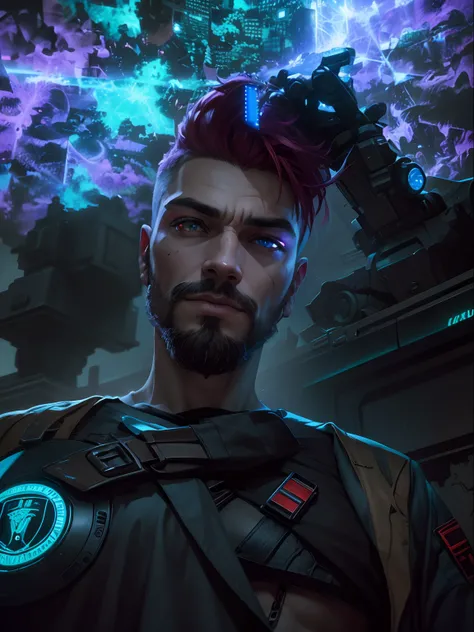 A photo of a charismatic cyberpunk rebel leader male, with vibrant dyed hair and a rugged, yet stylish attire adorned with symbols of rebellion. His cybernetic eyes emit a fiery glow. The setting is an underground hideout, filled with a diverse group of re...