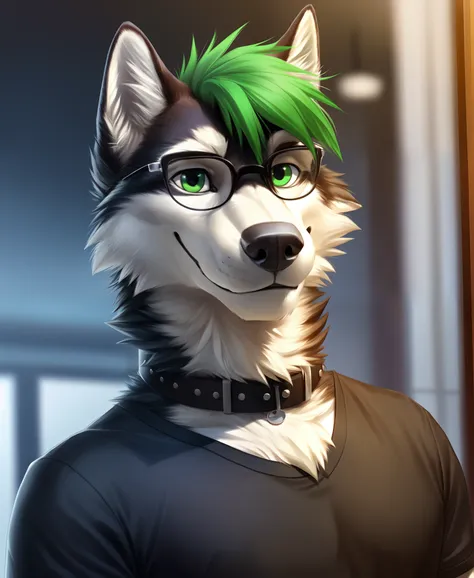 male husky, black eyebrows, wearing black t-shirt, collar, round glasses, green hair, (smile:1.1), intricate, aesthetic, 4k, pho...