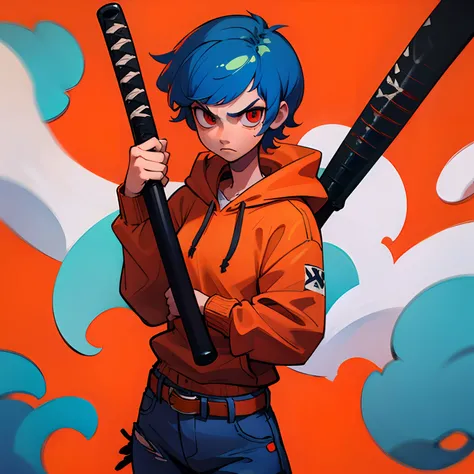 blue hair girl, (1 girl), (solo), (high quality), slim body, orange hoodie, short hair, serious face, big red eyes, skirt jeans, red belt, black baseball bat, high detailed