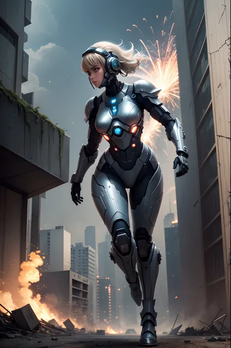 Cybernetic female soldier in very detailed technological armor running at the foot of a crumbling futuristic building with explosions in the background