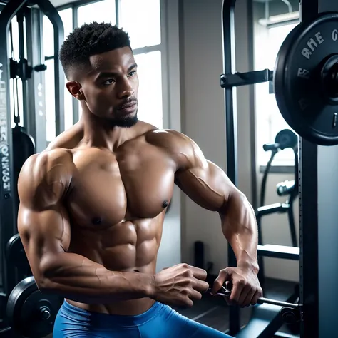 African boy with a well-built body, (Best quality, Ultra-detailed:1.2), Vibrant colors, stunning lighting, Training scene at the gym, expression confiante, muscular arms and shoulders, athletic physique, ABS defined, Concentration intense, dripping sweat, ...