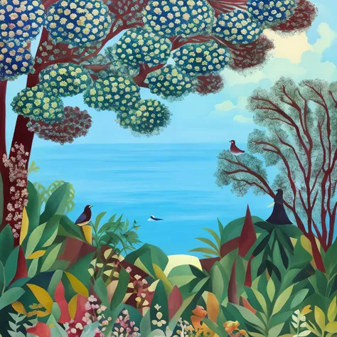 painting of a bird sitting on a tree in a forest, Jane Newland, inspirado em Henri Rousseau, No estilo de Henri Rousseau, Directed by: Camille Bombois, inspired by Théodore Rousseau, Directed by: Jacqui Morgan, Tom Hammick •, inspirado em Diane Dillon, Dir...