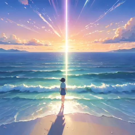 Faraway view、Landscapes、vanishing point、Outrageous resolution、A high resolution、ultra - detailed、The upper part shows the universe、Below is the sea、Bright atmosphere、fanciful、magia、Mare、In the daytime、Clean blue sky、The sun shines、prisms、beautiful light up...