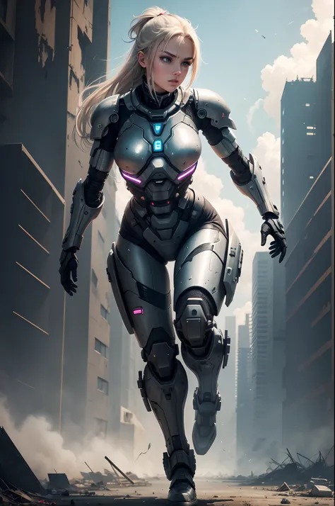 Female cybernetic soldier in very detailed technological armor running at the feet of a ruined futuristic building with explosions in the background