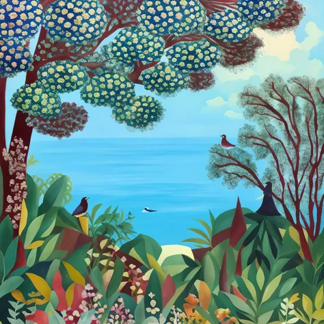 painting of a bird sitting on a tree in a forest, Jane Newland, inspirado em Henri Rousseau, No estilo de Henri Rousseau, Directed by: Camille Bombois, inspired by Théodore Rousseau, Directed by: Jacqui Morgan, Tom Hammick •, inspirado em Diane Dillon, Dir...