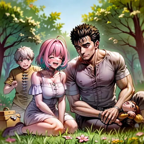 (a happy family in a picnic garden),(riamu as a motherly figure),(riamu and her husband spending quality time),(a couple enjoying the outdoors),(riamus children playing and having fun),(guts as a loving and caring father),(a loving husband and wife),(riamu...