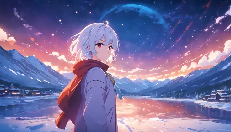 the night, Red glow in the snow, snowy mountains, rivers, snowstorm, a starry sky, Exploding Moon, Illusory engine, 8K HD, HD. --AR 9:16, Weiss Schnee, RWBY, long hair, white hair, looking at viewer, apathetic expression, stare, scar over left eye