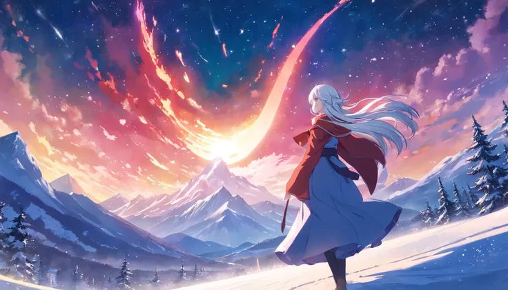 the night, Red glow in the snow, snowy mountains, rivers, snowstorm, a starry sky, Exploding Moon, Illusory engine, 8K HD, HD. --AR 9:16, Weiss Schnee, RWBY, long hair, white hair, looking at viewer, apathetic expression, stare, scar over left eye