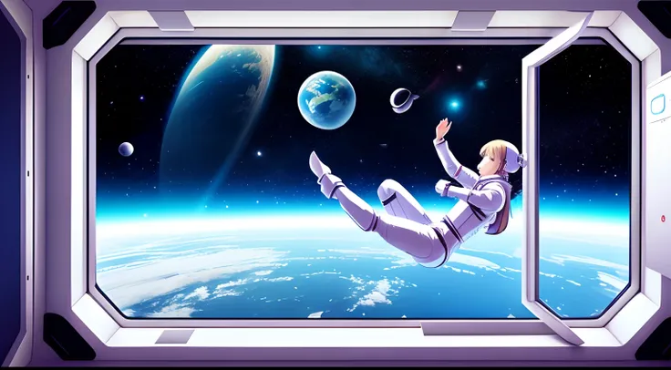 female floating in space, female inside space station, on a space station, listening to music, relaxing, looking out of the window, window is shut, arms in front of her, window in the background, in the window you can see space, earth is in the background ...