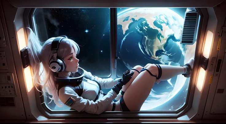 female floating, female inside space station, on a space station, listening to music, relaxing, looking out of the window, window is shut, window in the background, in the window you can see space, earth is in the background as well, anime style --auto