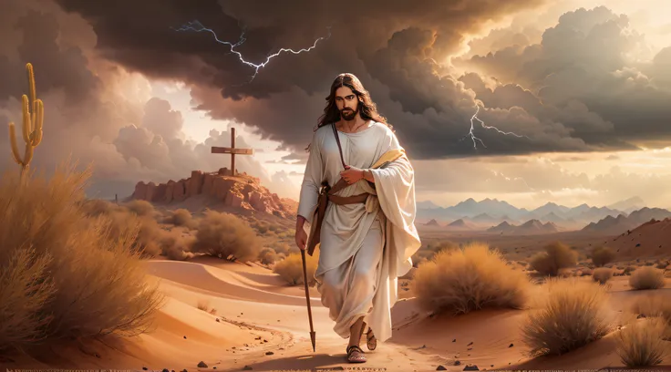 (best quality:1.2, 16k:1.2),ultra-detailed,(realistic:1.37),jesus walking in the desert,clouds,storm