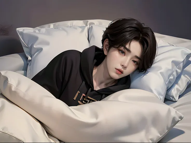 ((4K works))、​masterpiece、（top-quality)、((high-level image quality))、((One Manly Boy))、Slim body、((Stylish black hoodie))、(Detailed beautiful eyes)、Stylish bedroom、Selfie with head on pillow、Face similar to Chaewon in Ruseraphim、((short hair above the ears...