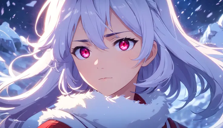 Shattered moon, blood moon, RWBY, red glow on snow, stare, dull purple eyes, Illusory engine, 8K HD, Weiss Schnee, long hair, white hair, looking at viewer, apathetic expression