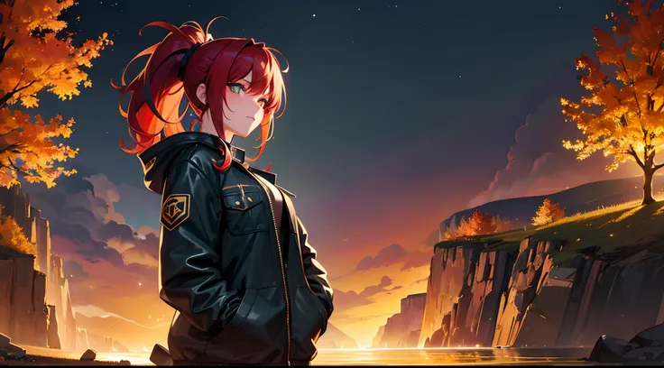 masterpiece, lots of detail, 4k, 8k, ((ultra-detailed)), highres, 1girl, jacket, hands in pockets, lightning, hill, autumn, night, distant terrain, zoomed out, {red hair|green hair|black hair|blue hair}, {ponytail|short hair|long hair|curly hair}