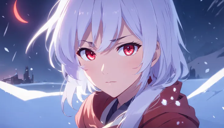 Shattered moon, blood moon, RWBY, red glow on snow, stare, dull purple eyes, Illusory engine, 8K HD, Weiss Schnee, long hair, white hair, looking at viewer, apathetic expression