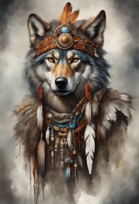 HighestQuali, Dramatic lighting, menacing posture, Fierce expression, Epic atmosphere, (((Wolf head shaped Indian feather hat))), (((Full body shot))),Wolves made of metal, Cyborg, Cyberpunk Style, Clockwork, ((Intricate details)), hdr, ((Intricate details...