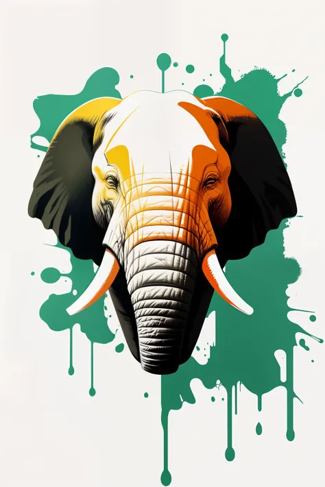 An elephants head on a white background  ,  in the surreal style of orange, white and green paint, images design pour imprimer sur t-shirt, installations photographiques, , hyper-realistic,