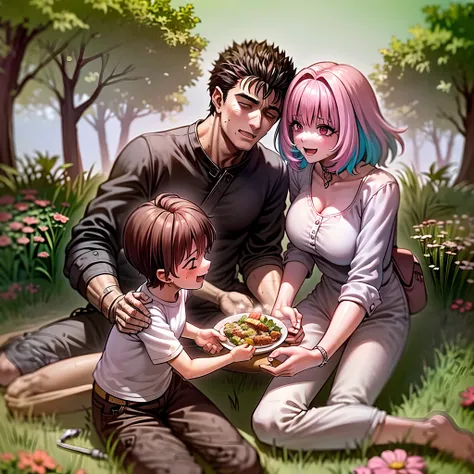 (a happy family in a picnic garden),(riamu as a motherly figure),(riamu and her husband spending quality time),(a couple enjoying the outdoors),(riamus children playing and having fun),(guts as a loving and caring father),(a loving husband and wife),(riamu...