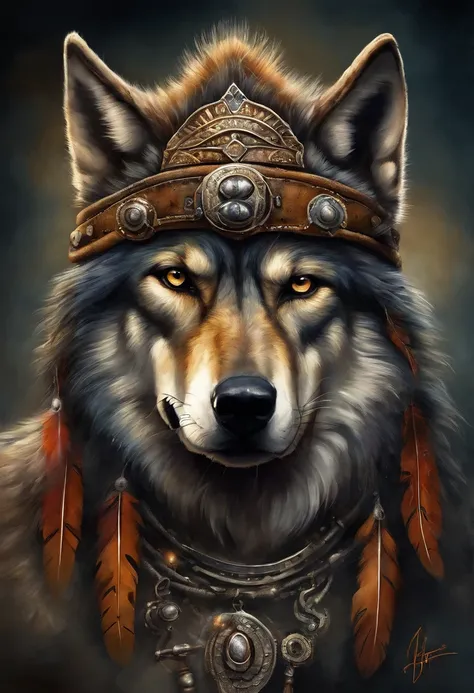 HighestQuali, dramatic  lighting, Threatening posture, Fierce expression on his face, epic atmosphere, (((Indian feather hat in the shape of a wolfs head))), (((Shot Full Body))),Wolves made of metal, Cyborg, Cyberpunk style, clockwork, ((intricate details...