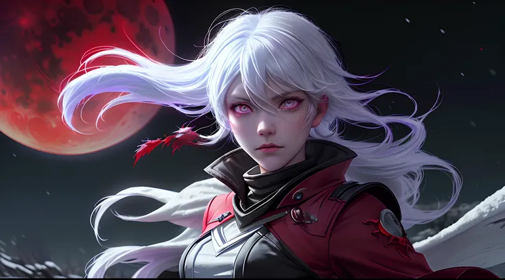 Broken Moon, Blood Moon, RWBY, Red glow on the snow, dull purple eyes, Illusory engine, 8K HD, weiss schnee, hairlong, white colored hair, looking a viewer, apathetic facial expression