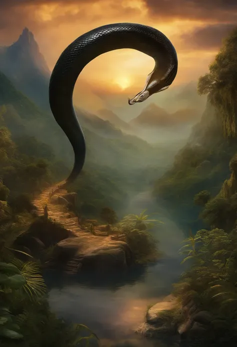 Create a map image of a kingdom called Mystica. make a black mamba snake the god, It is a kingdom filled with realms of magic, enchantment, and adorable creatures.