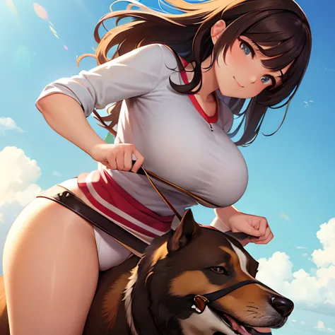 a big beautiful woman riding a poor dog, front view