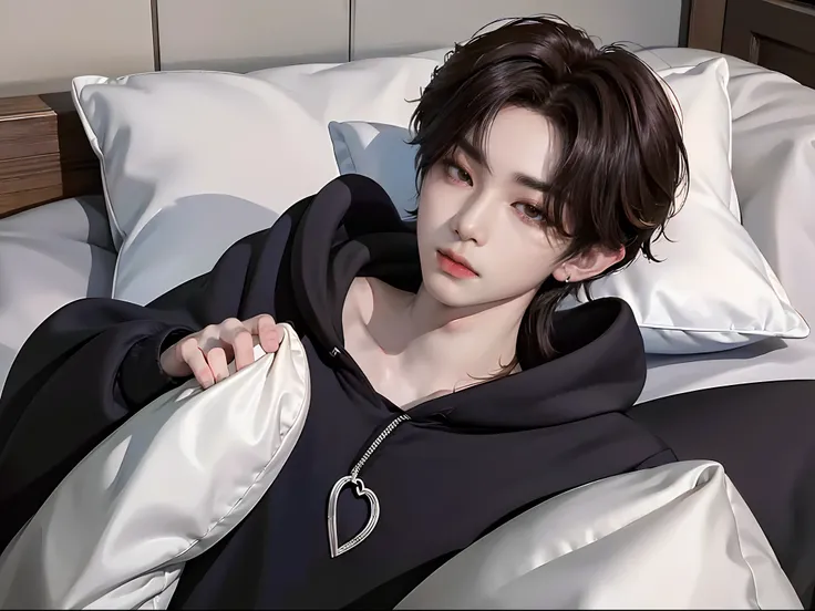 ((4K works))、​masterpiece、（top-quality)、((high-level image quality))、((One Manly Boy))、Slim body、((Stylish black hoodie))、(Detailed beautiful eyes)、Stylish bedroom、Selfie with head on pillow、Face similar to Chaewon in Ruseraphim、((short hair above the ears...