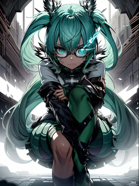 Flames from the eyes、miku hatsune、Green hair、Twin-tailed、Ahegao ( Silly / Sexual ecstasy)、Cross-eyed、Stranger、View other people、Blunt bangs、Sitting,hand between legs, Glasses, over-kneehighs,Ahegao , Silly,Sexual ecstasy,Drunken eyes,Blunt bangs, Green hai...