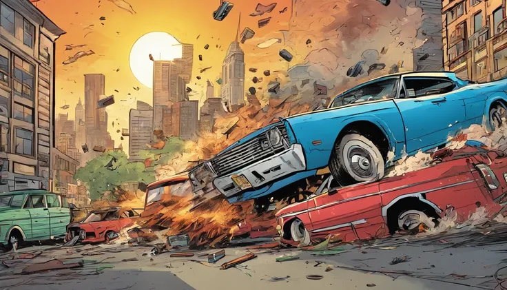 2 car crashing in each other in the air, multiple crashing cars, big explosion in background, city, cartoon style