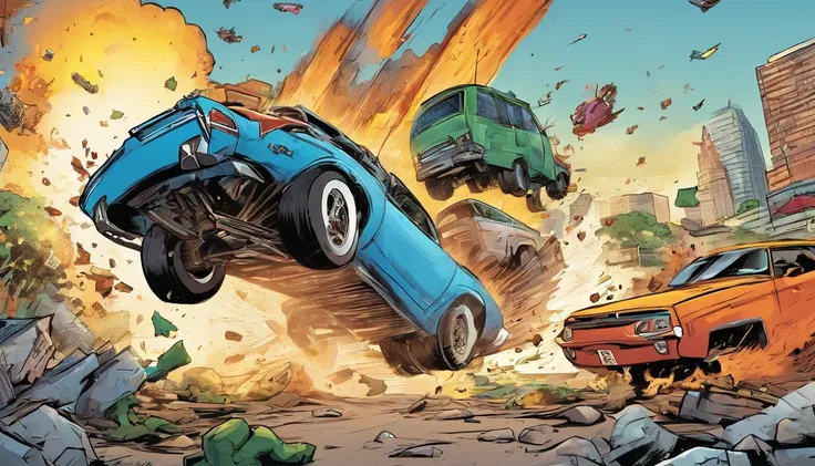 2 car crashing in each other in the air, multiple crashing cars, big explosion in background, city, cartoon style