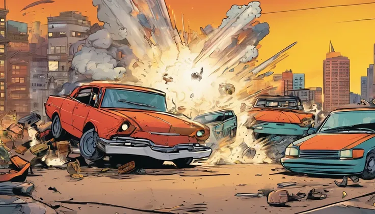 2 car crashing in each other in the air, multiple crashing cars, big explosion in background, city, cartoon style