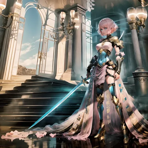 A girl with short pink hair, blue eyes; She is wearing golden armor that references the sea, in one hand she holds a golden sword