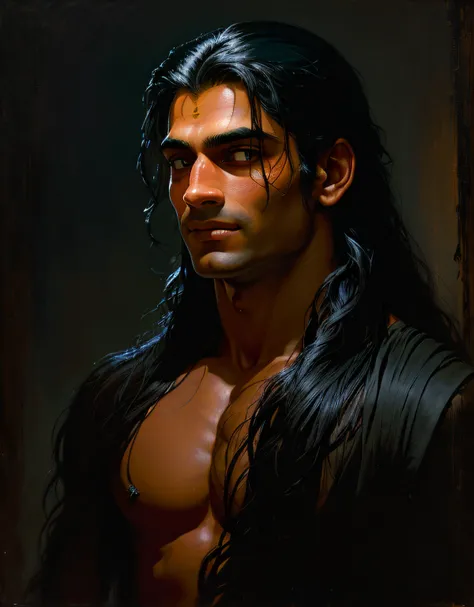 (dark theme:0.9), portrait of a young hindu man with long black hair pulled back at the nape of the neck, sharp features, Tarzan look, grim, smily stare, dark colors, Volumetric lighting, oil painting by Frank Frazetta, muted colors, complex background,