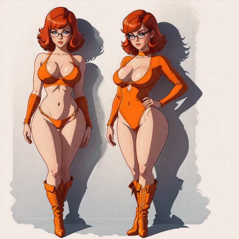 STICKER, A detailed illustration of a vivid Sexy Velma Dinkley from Scooby Doo naked, bare breasts, face view, ass view, side by side, orange thong, Solo Female, medium breasts, full cleavage, Full Body View, orange high heeled boots, soft nipples, hands b...