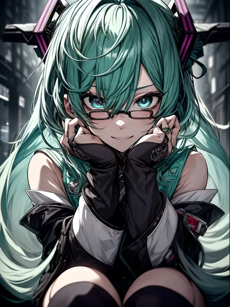 miku hatsune、Green hair、Twin-tailed、Ahegao ( Silly / Sexual ecstasy)、Cross-eyed、Stranger、View other people、Blunt bangs、Sitting,hand between legs, Glasses, over-kneehighs,Ahegao , Silly,Sexual ecstasy,Drunken eyes,Blunt bangs, Green hair,(masutepiece:1.2, B...